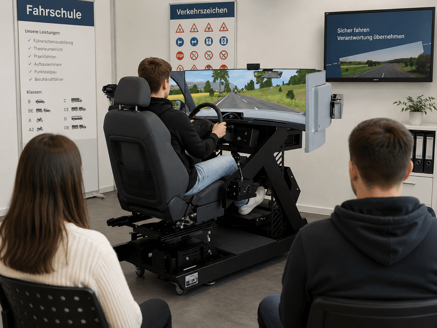 Fahrschüler trainiert am Fahrsimulator im Unterrichtsraum