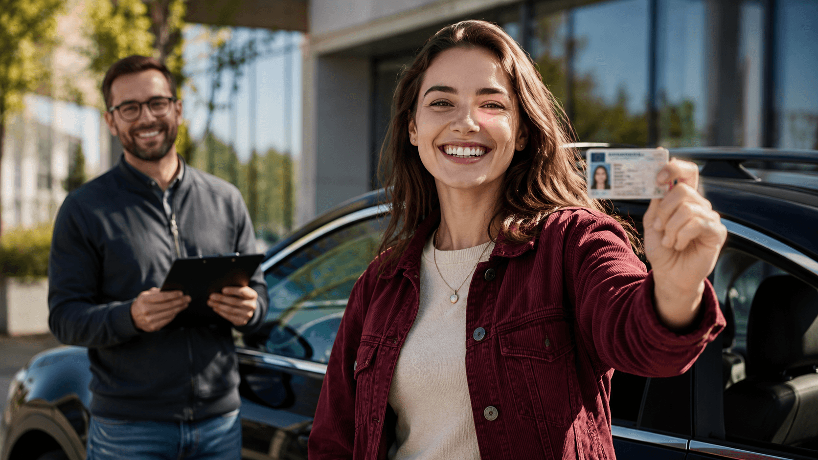 Schülerin zeigt ihren bestandenen Führerschein