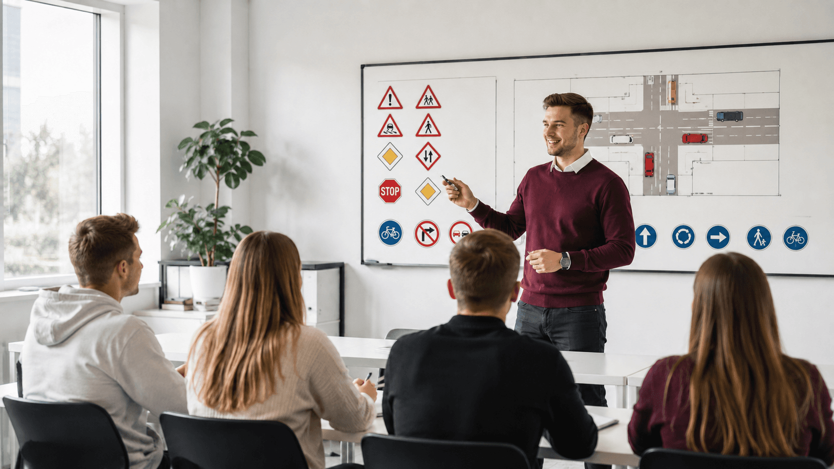 Fahrschulunterricht mit Unterlagen im Klassenraum